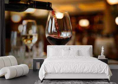 Pouring red wine into glass in upscale restaurant setting for a sophisticated dining experience Wall mural