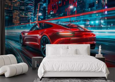 Red business car speeding in night city on high-speed highway, urban transportation concept Wall mural