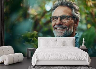 Serene portrait of mature man smiling in botanical garden, enjoying lush green natural surroundings Wall mural