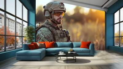 Special operations forces soldier in camo gear navigating the battlefield with precision and focus Wall mural