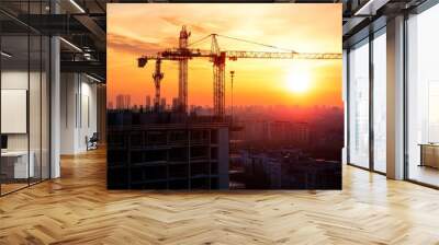 Stunning sunset photography of cranes at a construction site for an apartment building Wall mural