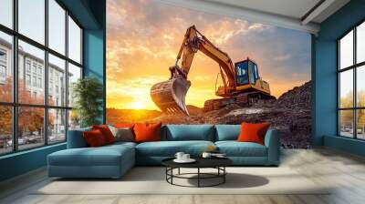 Sunset construction site  heavy excavator at work for civil engineering and real estate development Wall mural