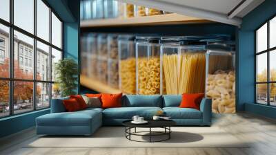 Sustainable kitchen  zero waste storage with reusable glass containers for pasta and cereals Wall mural