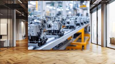 Variety of car engine parts on assembly line with spark plugs, chrome covers, and aluminum blocks Wall mural