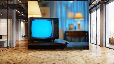 Vintage television displaying blue screen in retro room setting with classic decor elements Wall mural