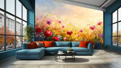 Wildflowers in oil painted field at sunrise, colorful blooms on beautiful nature landscape Wall mural