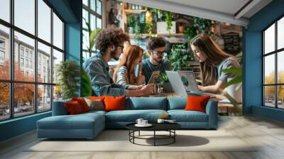 Young professionals collaborating on a startup project in a vibrant co working office space Wall mural