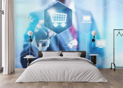 Online shopping business concept selecting shopping cart Wall mural