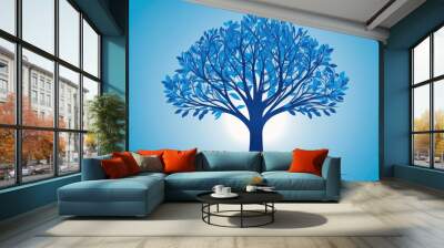 A blue tree stands against a bright blue sky Wall mural