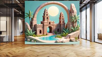 A cartoonish drawing of a beach with a large archway and two small buildings Wall mural