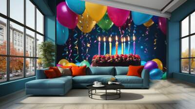 A chocolate cake with lit candles sits on a table with balloons and streamers Wall mural