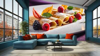 A close-up of a plate of crepes, garnished with fresh berries and powdered sugar Wall mural