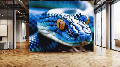 A close-up photo of a blue snake with yellow eyes Wall mural