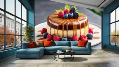 A delicious cake with caramel drizzle and fresh fruit sits on a white plate Wall mural