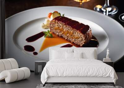 A delicious-looking meatloaf with a rich sauce, served on a white plate with a garnish of orange sauce Wall mural