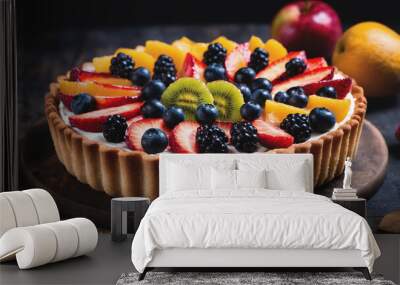 A fresh fruit tart sits on a wooden table Wall mural