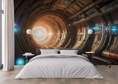 A futuristic train tunnel with bright light at the end Wall mural