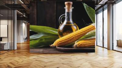 A glass bottle of corn oil sits next to two ears of corn on a rustic wooden table Wall mural