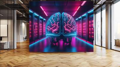 A glowing brain stands in a server room, illuminated by neon lights Wall mural