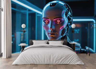 A humanoid robot stands in a futuristic laboratory, illuminated by blue lights Wall mural