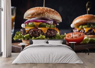 A juicy cheeseburger with lettuce, tomato, and onion on a wooden cutting board Wall mural