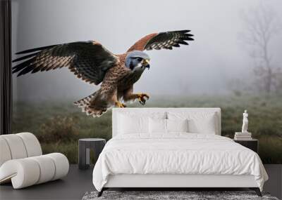 A kestrel glides through the foggy morning air, its wings outstretched in a graceful dive Wall mural