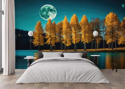 A large, bright moon hangs in the sky above a row of golden trees, reflected in the still water of a lake Wall mural