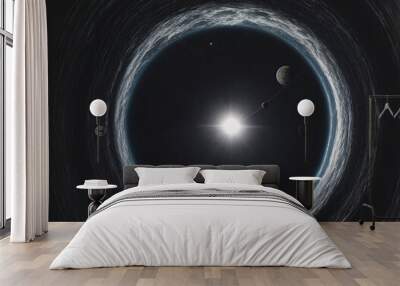 A large, dark circle with a bright sun in the center Wall mural