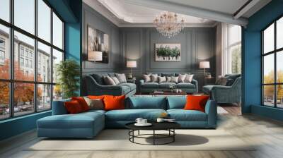 A living room with a blue couch, a coffee table, and a chandelier Wall mural