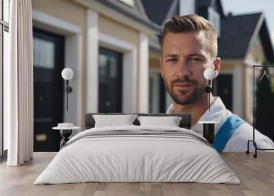 A man with a beard and blue straps stands in front of a house with black doors Wall mural