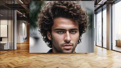 A man with curly hair and a beard is standing in front of a white wall Wall mural