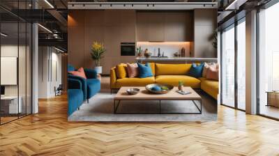 A modern living room with a yellow sectional sofa and blue armchairs Wall mural