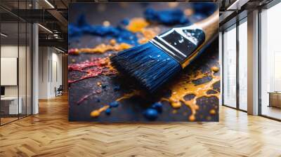 A paintbrush with blue paint lies on a surface with colorful splatters Wall mural