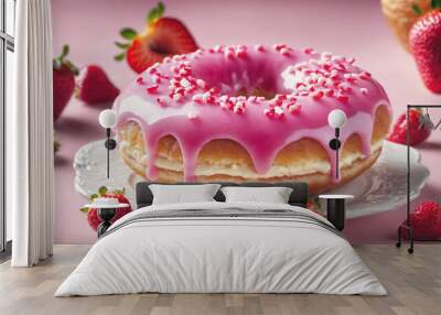 A pink glazed donut with sprinkles sits on a white plate surrounded by strawberries Wall mural