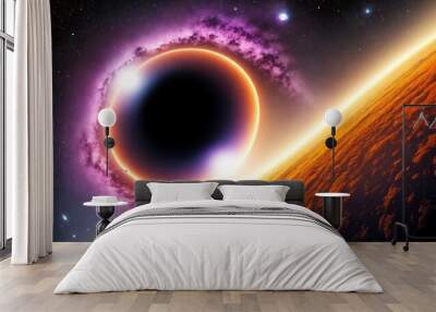 A planet with a ring around it, with a bright light in the center. Wall mural