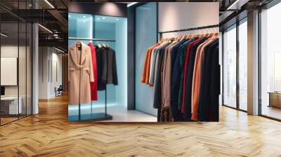 A rack of colorful coats and jackets hangs in a retail store, ready for customers to try on Wall mural