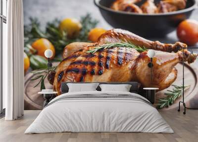 A roasted chicken sits on a wooden cutting board with rosemary sprigs, oranges, and other garnishes Wall mural