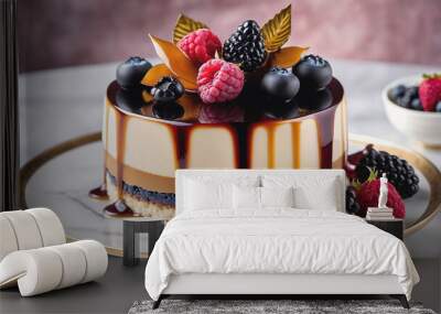 A round, layered cake with a glossy chocolate glaze is topped with blueberries, blackberries, and raspberries Wall mural