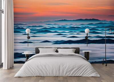 A scenic view of a mountain range at sunrise. Wall mural