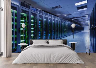 A server room with rows of racks of servers in a data center Wall mural