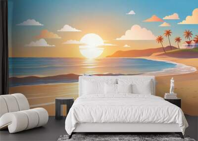 A small boat sits on a sandy beach as the sun sets over the ocean Wall mural