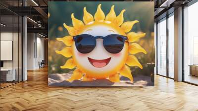 A smiling sun wearing sunglasses sits in the sand on a sunny day Wall mural