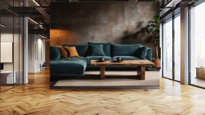 A teal sectional sofa with a wood coffee table sits in a living room with a textured wall and a potted plant Wall mural