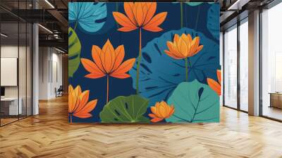 A vibrant pattern of orange flowers and teal leaves on a dark blue background creates a tropical feel Wall mural