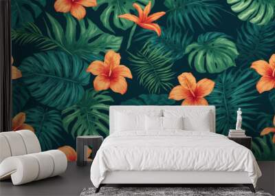 A vibrant tropical print featuring orange hibiscus flowers and lush green foliage Wall mural