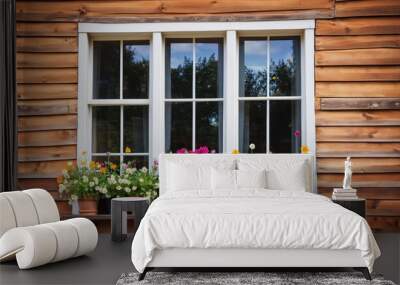 A white window with a wood frame sits in the wall of a wooden house. The window is decorated with colorful flowers in pots Wall mural