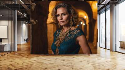 A woman in a teal lace dress stands in a dimly lit hallway, the stone walls lit by warm light Wall mural