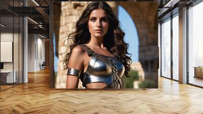 A woman in armor stands in front of ancient ruins, her gaze focused and determined Wall mural