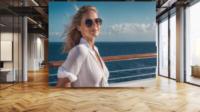 A woman in sunglasses stands on the deck of a cruise ship Wall mural