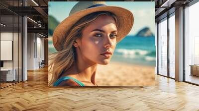 A woman with blonde hair and a straw hat looks towards the ocean on a sunny beach Wall mural